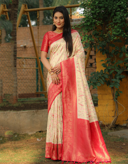 Dark Cream & Pink Kanjivaram Silk With Weaving Saree