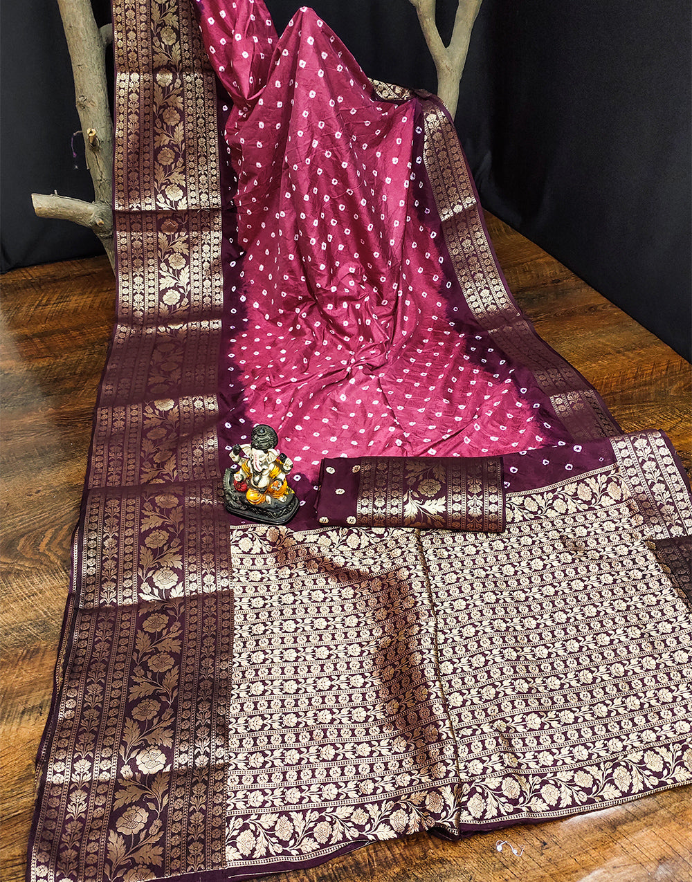 Ruby Pink Bandhej Kanjivaram Silk Saree With Zari Weaving Work
