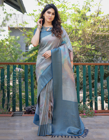 Rama Blue Silk Saree With Printed & Weaving Work