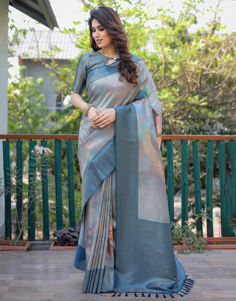 Rama Blue Silk Saree With Printed & Weaving Work