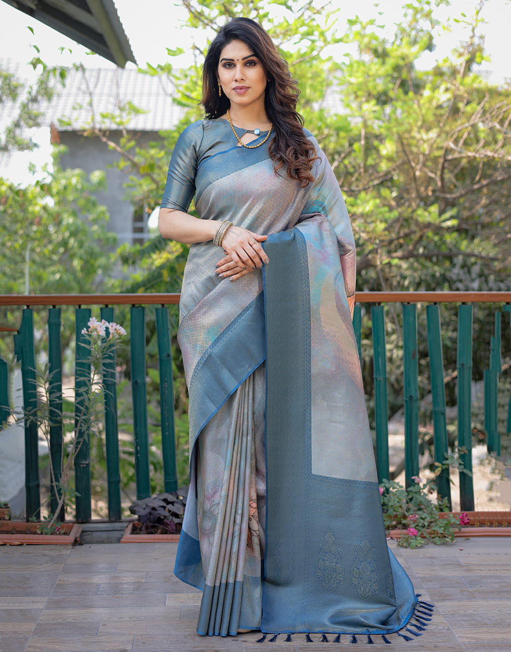 Rama Blue Silk Saree With Printed & Weaving Work