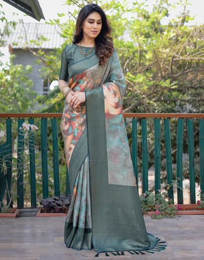 Hunter Green Silk Saree With Printed & Weaving Work