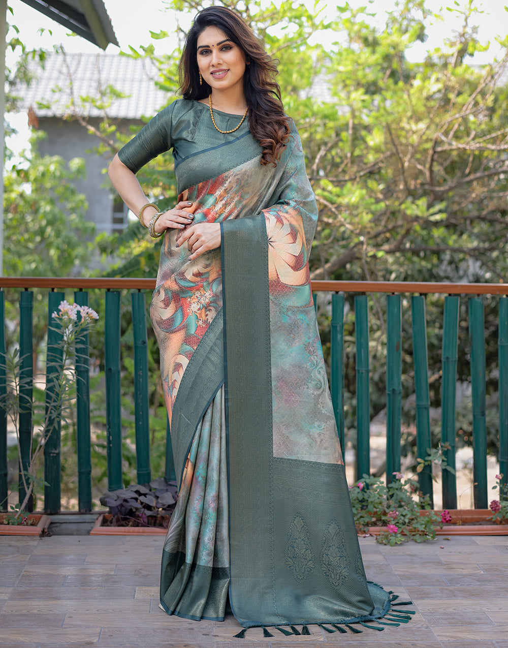 Hunter Green Silk Saree With Printed & Weaving Work