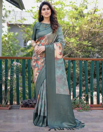 Hunter Green Silk Saree With Printed & Weaving Work