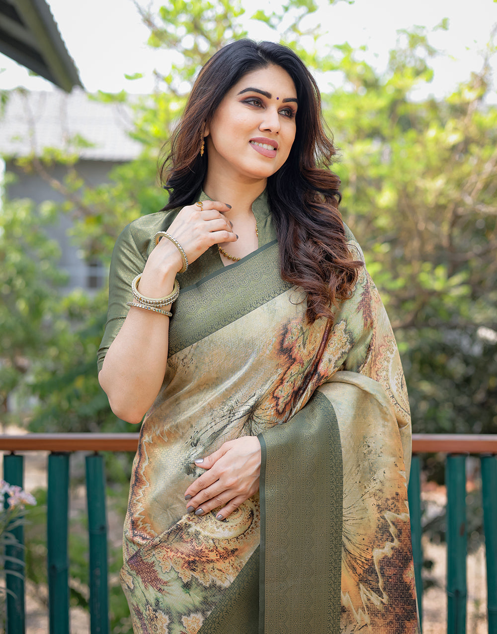 Green Silk Saree With Printed & Weaving Work