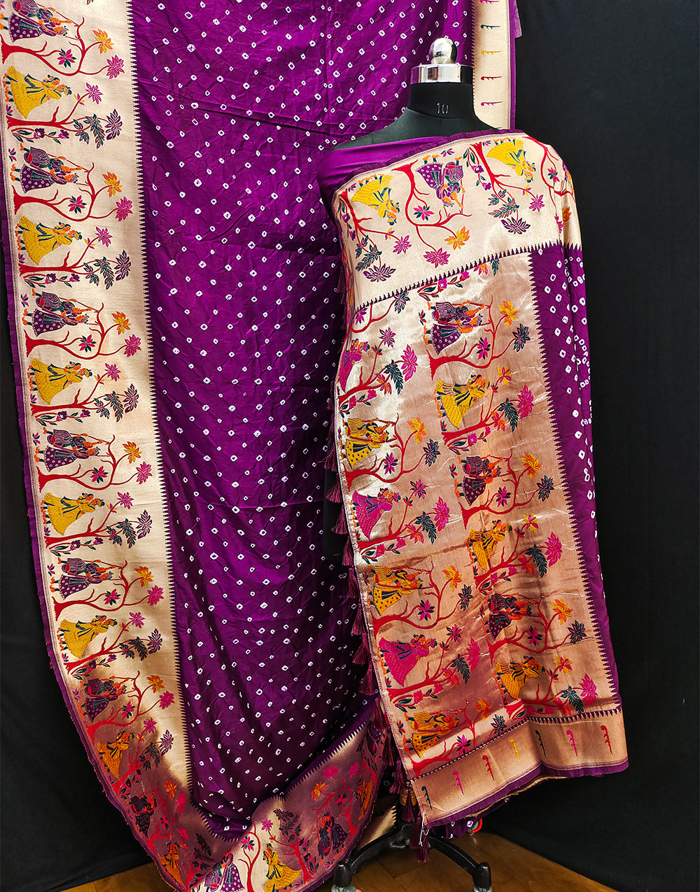 Purple Hand Bandhej Bandhani Saree With Paithani Border & Weaving Work