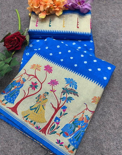 Azure Blue Hand Bandhej Bandhani Saree With Paithani Border & Weaving Work