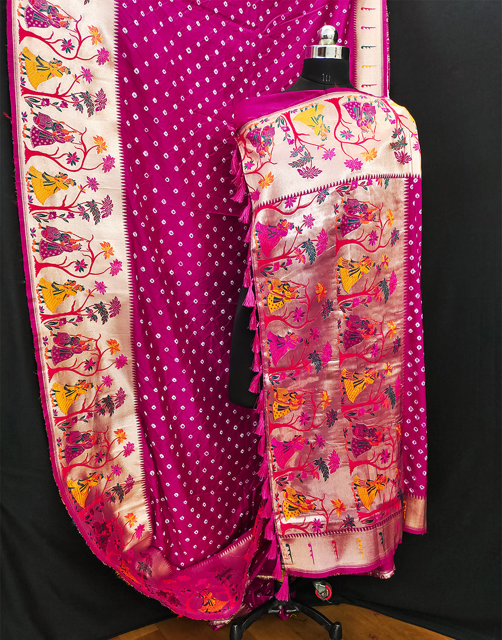 Bright Pink Hand Bandhej Bandhani Saree With Paithani Border & Weaving Work