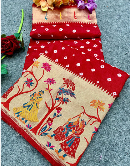 Crimson Red Bandhej Bandhani Saree With Paithani Border & Weaving Work