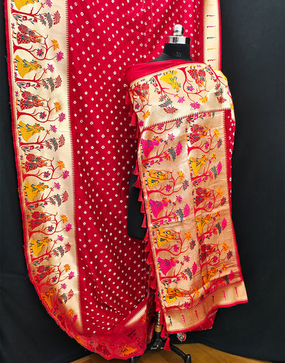 Crimson Red Bandhej Bandhani Saree With Paithani Border & Weaving Work