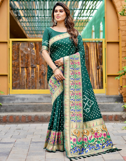 Dark Green Paithani Silk Bandhani Saree With Zari Weaving Work
