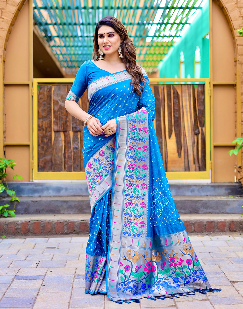 Azure Blue Paithani Silk Bandhani Saree With Zari Weaving Work