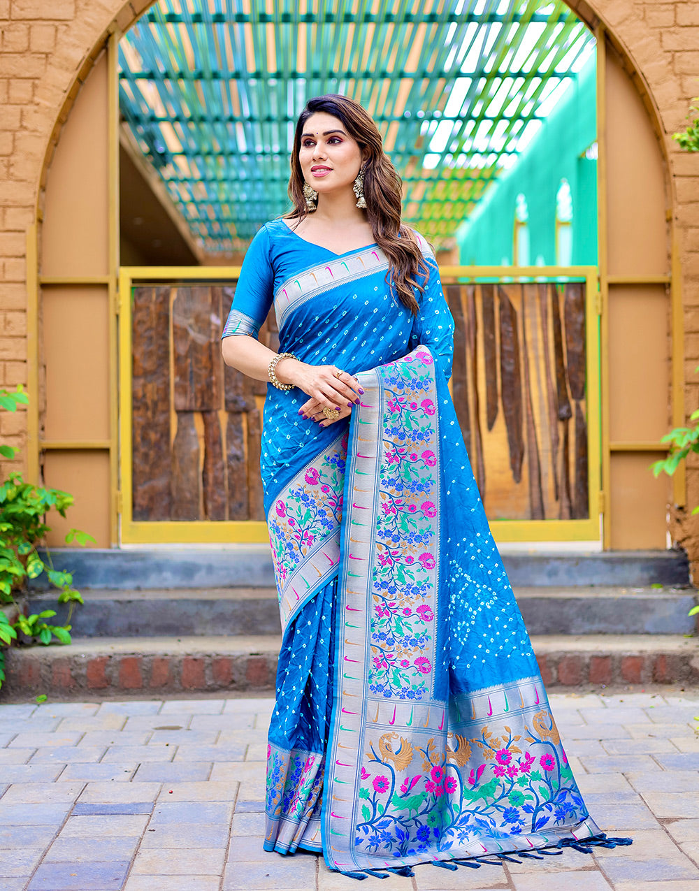 Azure Blue Paithani Silk Bandhani Saree With Zari Weaving Work
