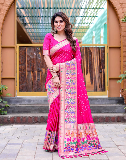 Bright Pink Silk Bandhani Saree With Zari Weaving Work