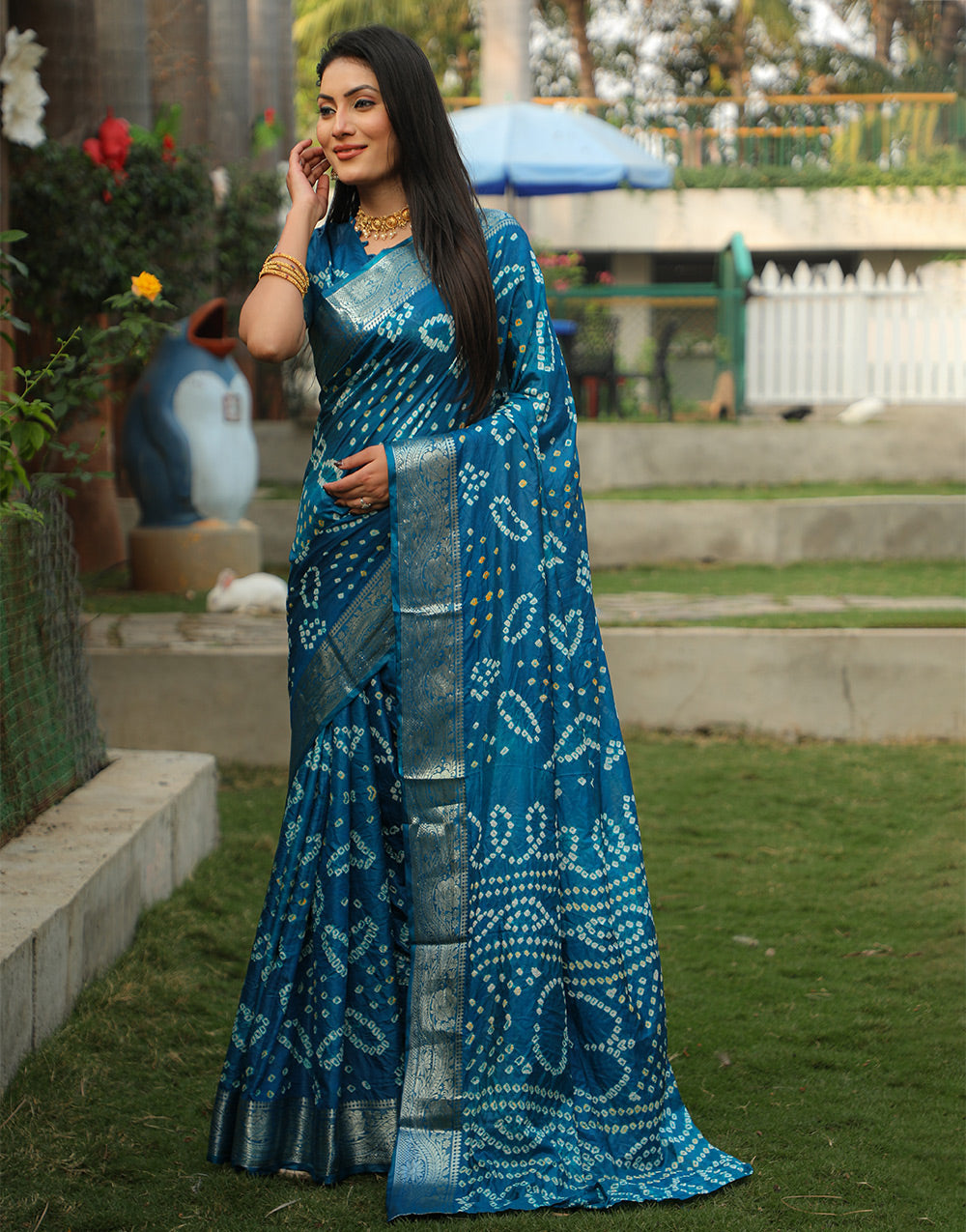 Star Command Blue Bandhej Silk Saree With Weaving Work