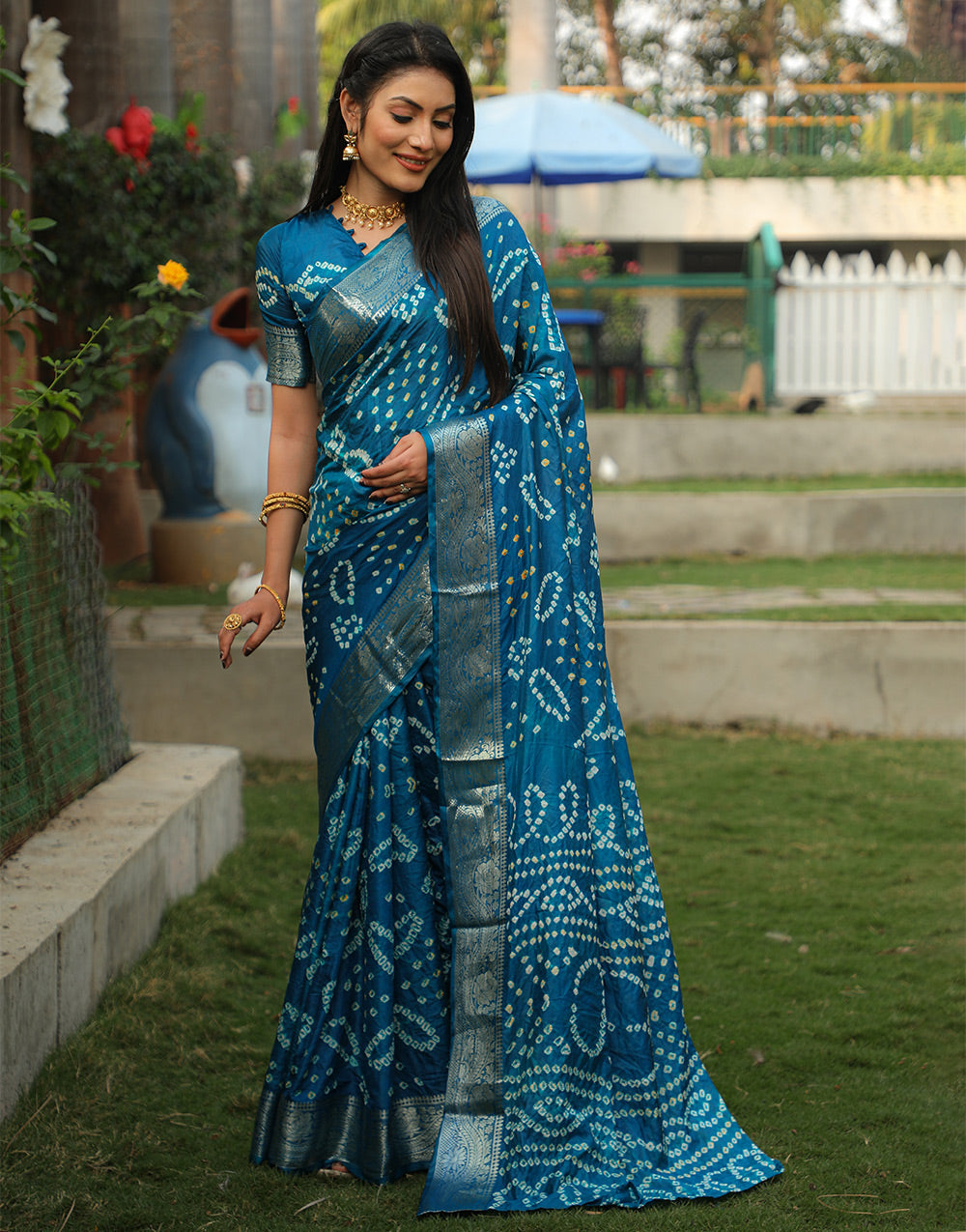 Star Command Blue Bandhej Silk Saree With Weaving Work