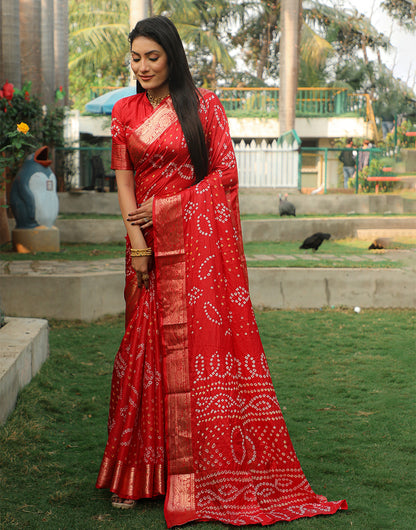 Rose Red Bandhej Silk Saree With Weaving Work