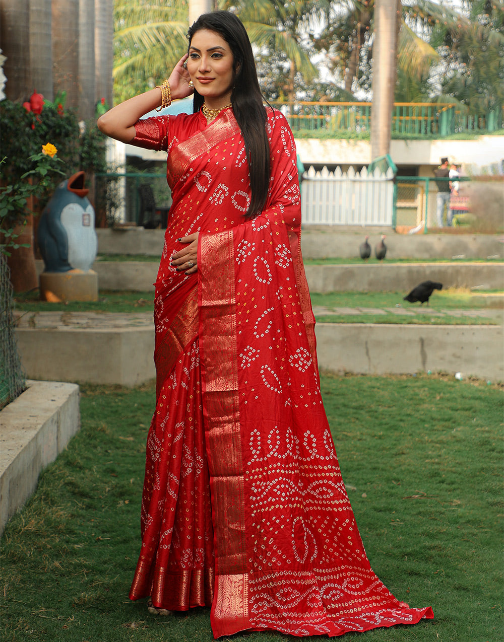 Rose Red Bandhej Silk Saree With Weaving Work