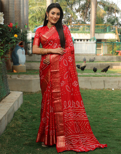 Rose Red Bandhej Silk Saree With Weaving Work