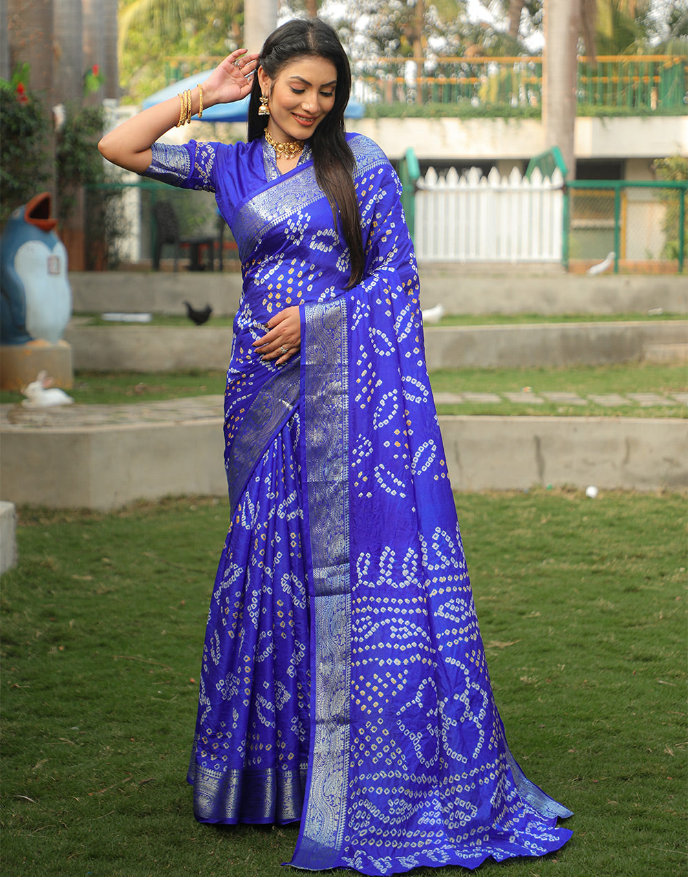 Blue Bandhej Silk Saree With Weaving Work
