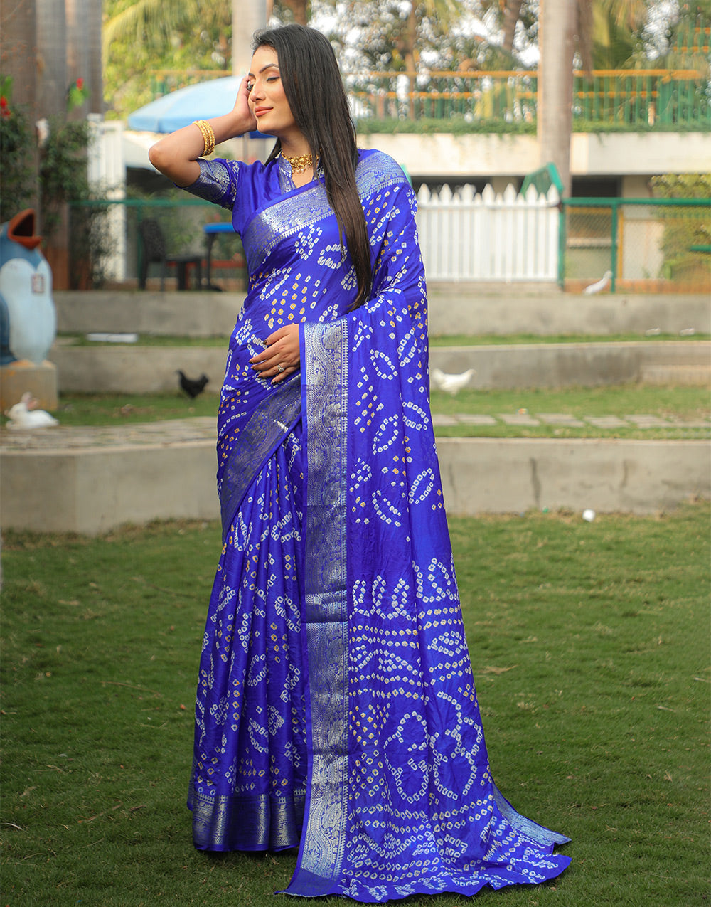 Blue Bandhej Silk Saree With Weaving Work