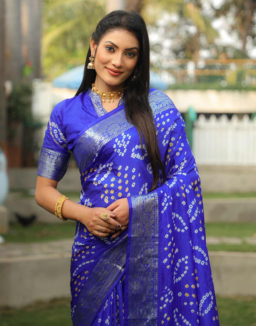 Blue Bandhej Silk Saree With Weaving Work