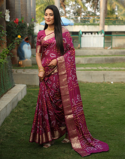 Magenta Bandhej Silk Saree With Weaving Work