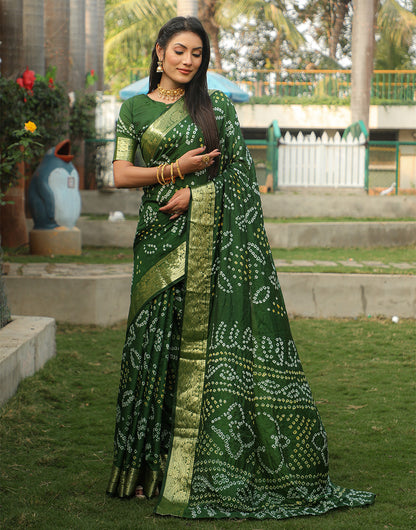 Juniper Green Bandhej Silk Saree With Weaving Work