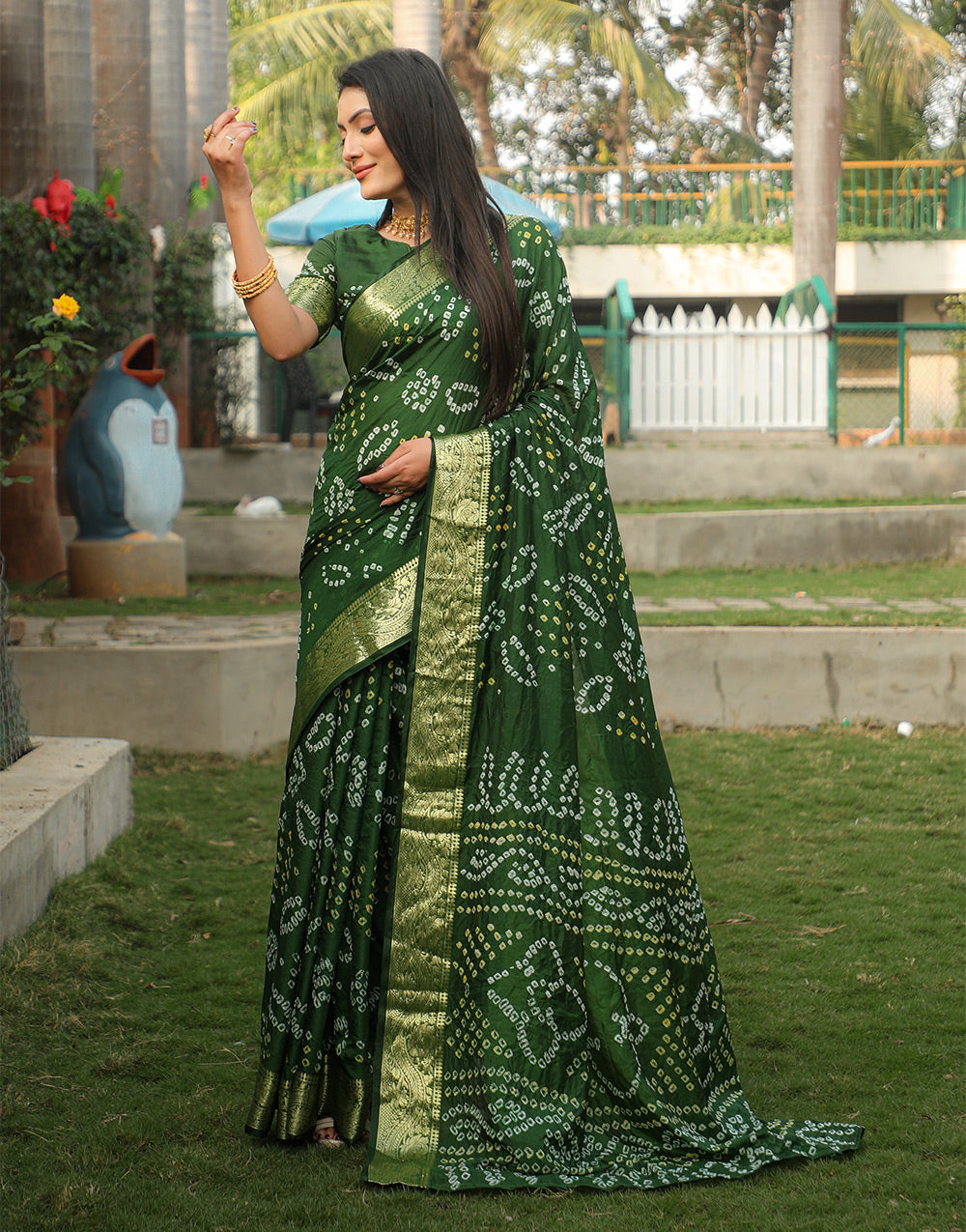 Juniper Green Bandhej Silk Saree With Weaving Work