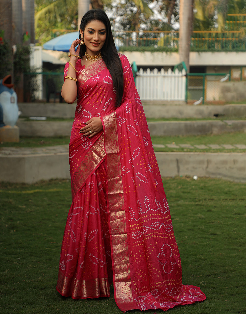 Crimson Red Bandhej Silk Saree With Weaving Work