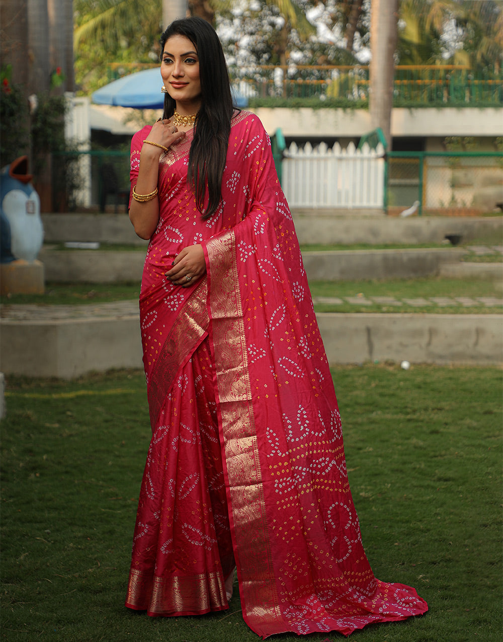 Crimson Red Bandhej Silk Saree With Weaving Work