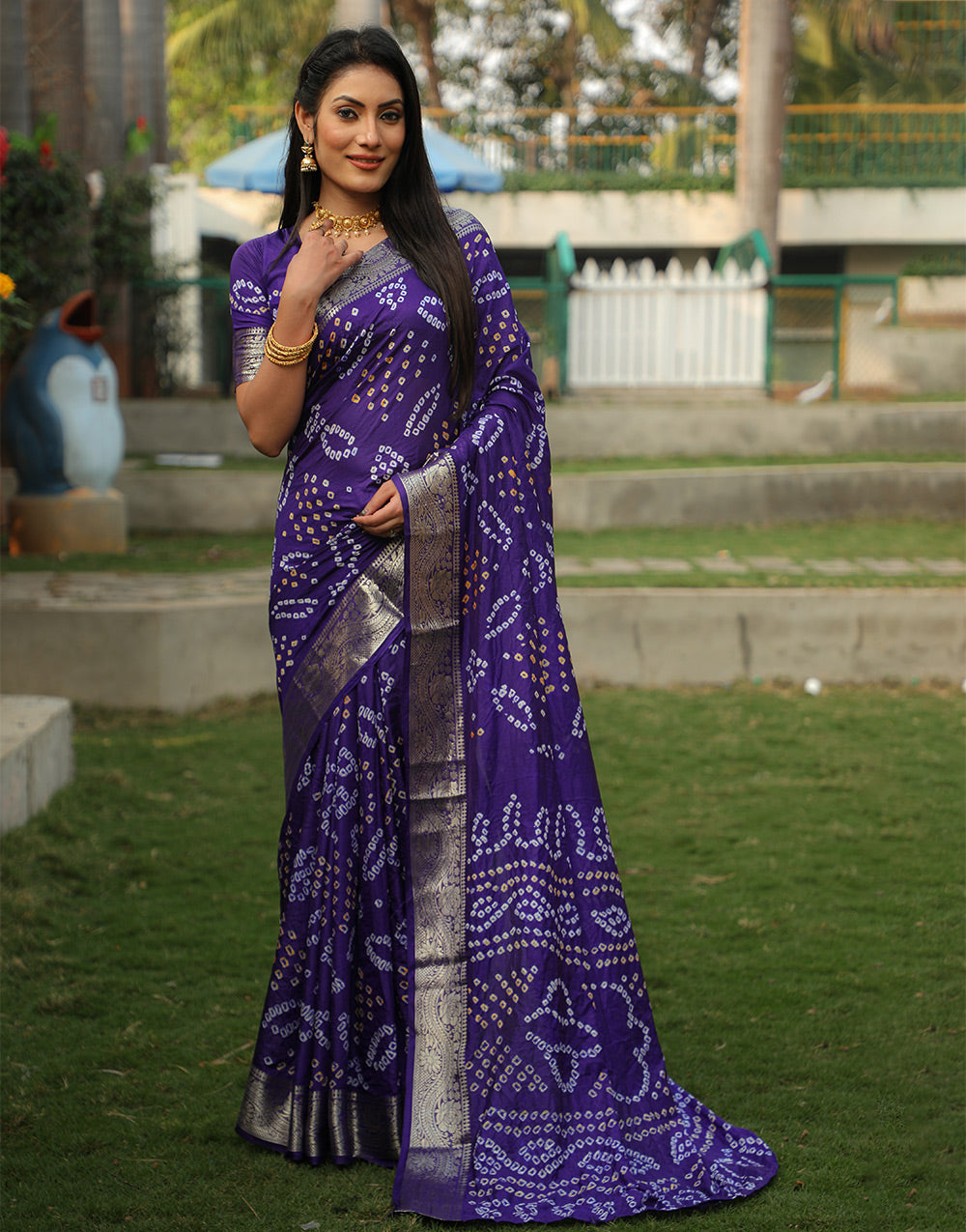 Deep Violet Bandhej Silk Saree With Weaving Work