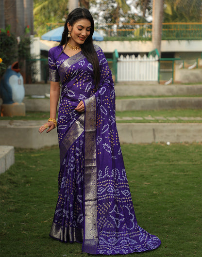 Deep Violet Bandhej Silk Saree With Weaving Work