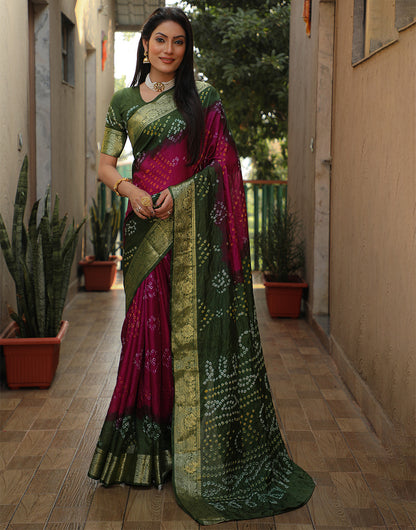 Mehndi & Berry Magenta Bandhej Silk Saree With Weaving Work