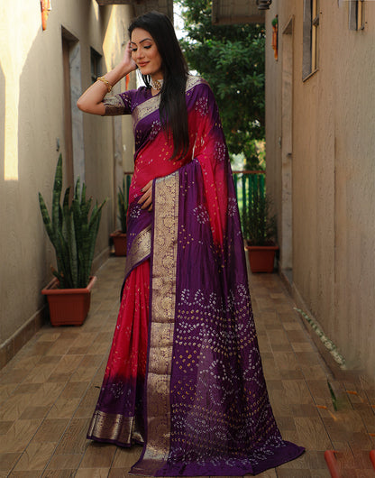 Eggplant Violet Bandhej Silk Saree With Weaving Work