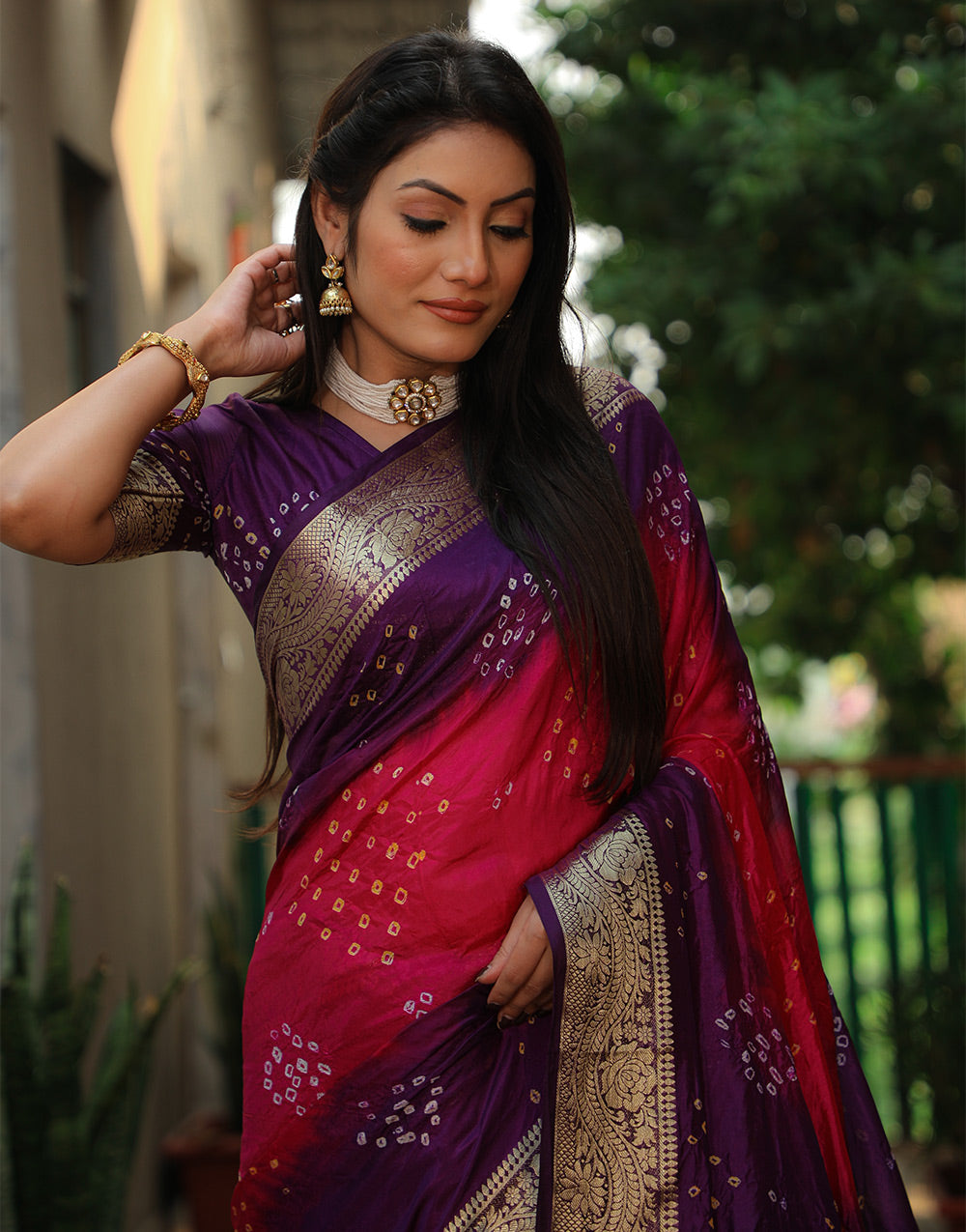 Eggplant Violet Bandhej Silk Saree With Weaving Work