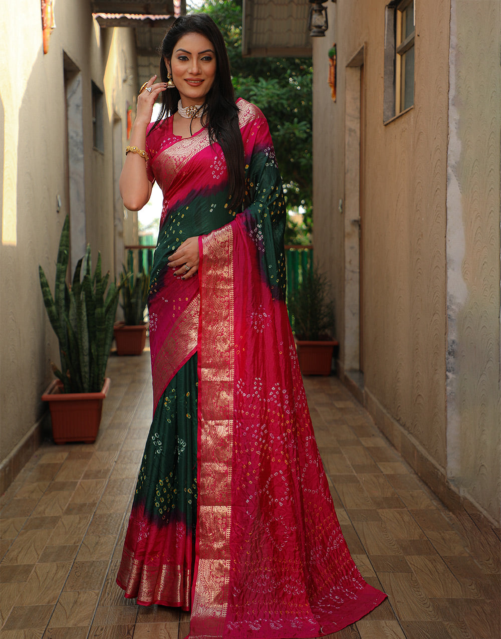 Dark Green & Pink Bandhej Silk Saree With Weaving Border