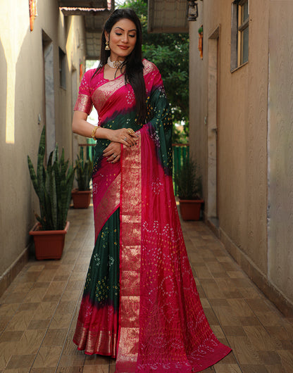 Dark Green & Pink Bandhej Silk Saree With Weaving Border