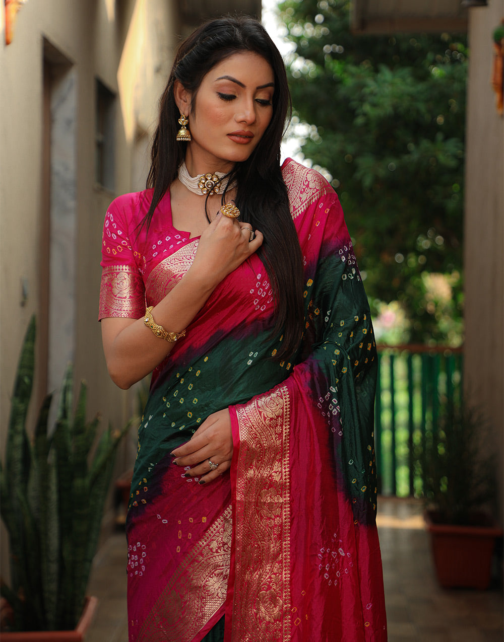 Dark Green & Pink Bandhej Silk Saree With Weaving Border