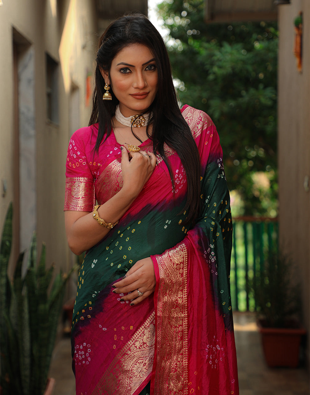 Dark Green & Pink Bandhej Silk Saree With Weaving Border