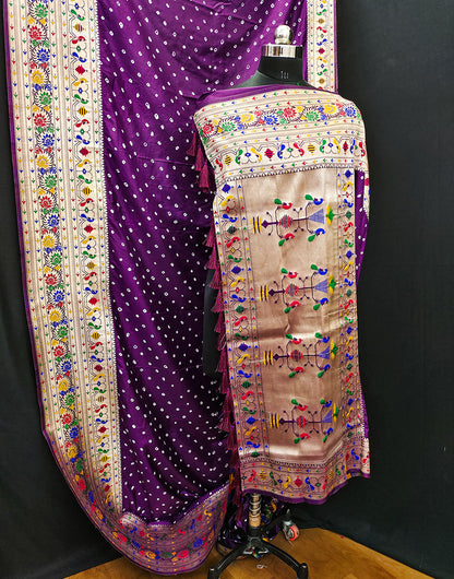 Dark Magenta Paithani Silk Bandhani Saree With Zari Weaving Work