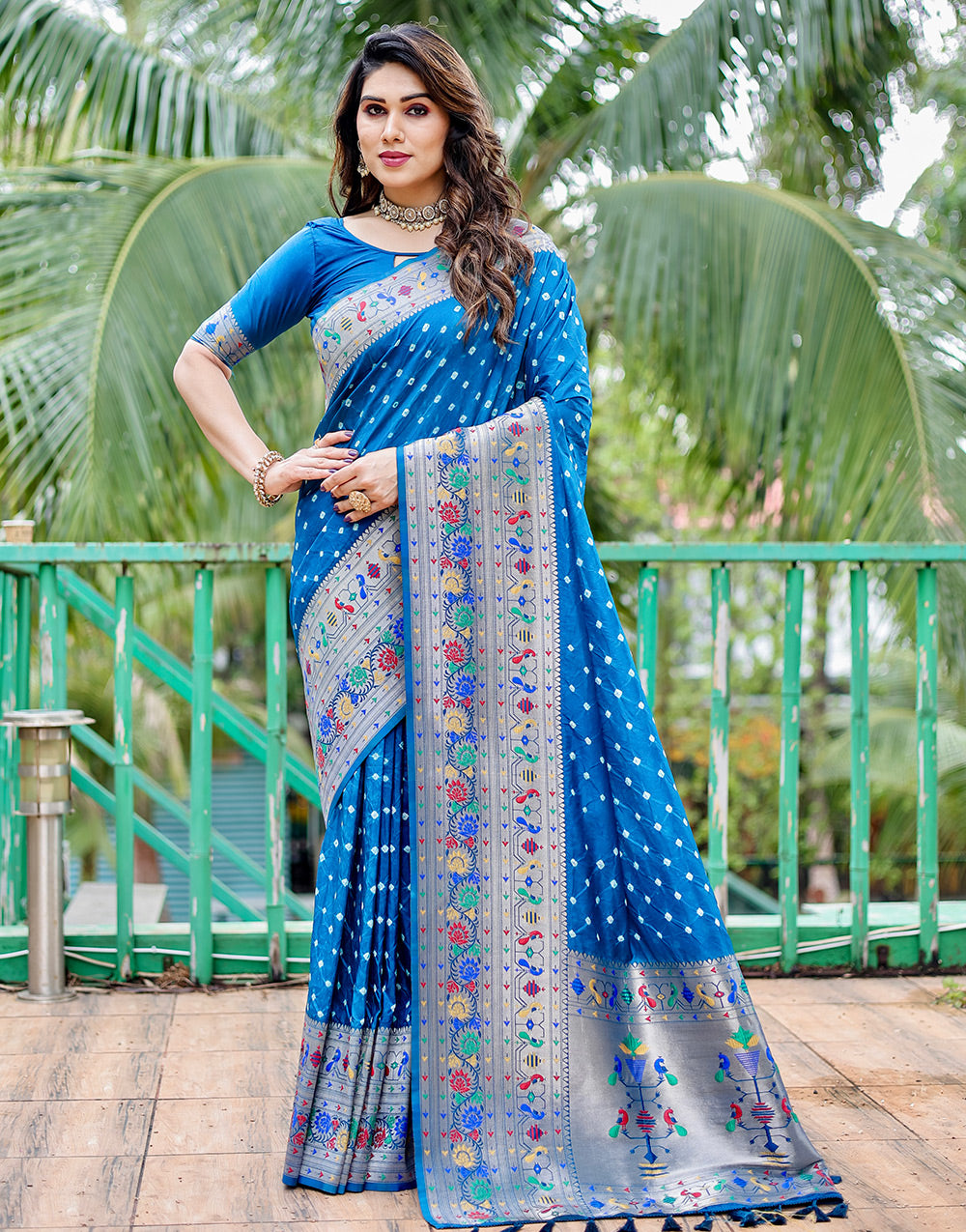 True blue Paithani Silk Bandhani Saree With Zari Weaving Work