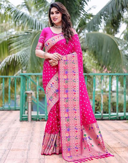 Rani Pink Paithani Silk Bandhani Saree With Zari Weaving Work