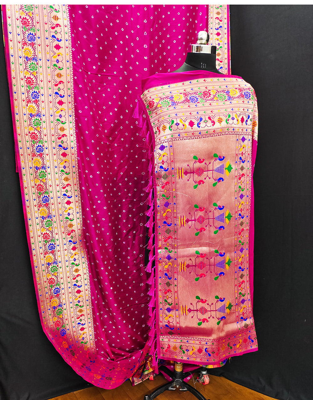Rani Pink Paithani Silk Bandhani Saree With Zari Weaving Work