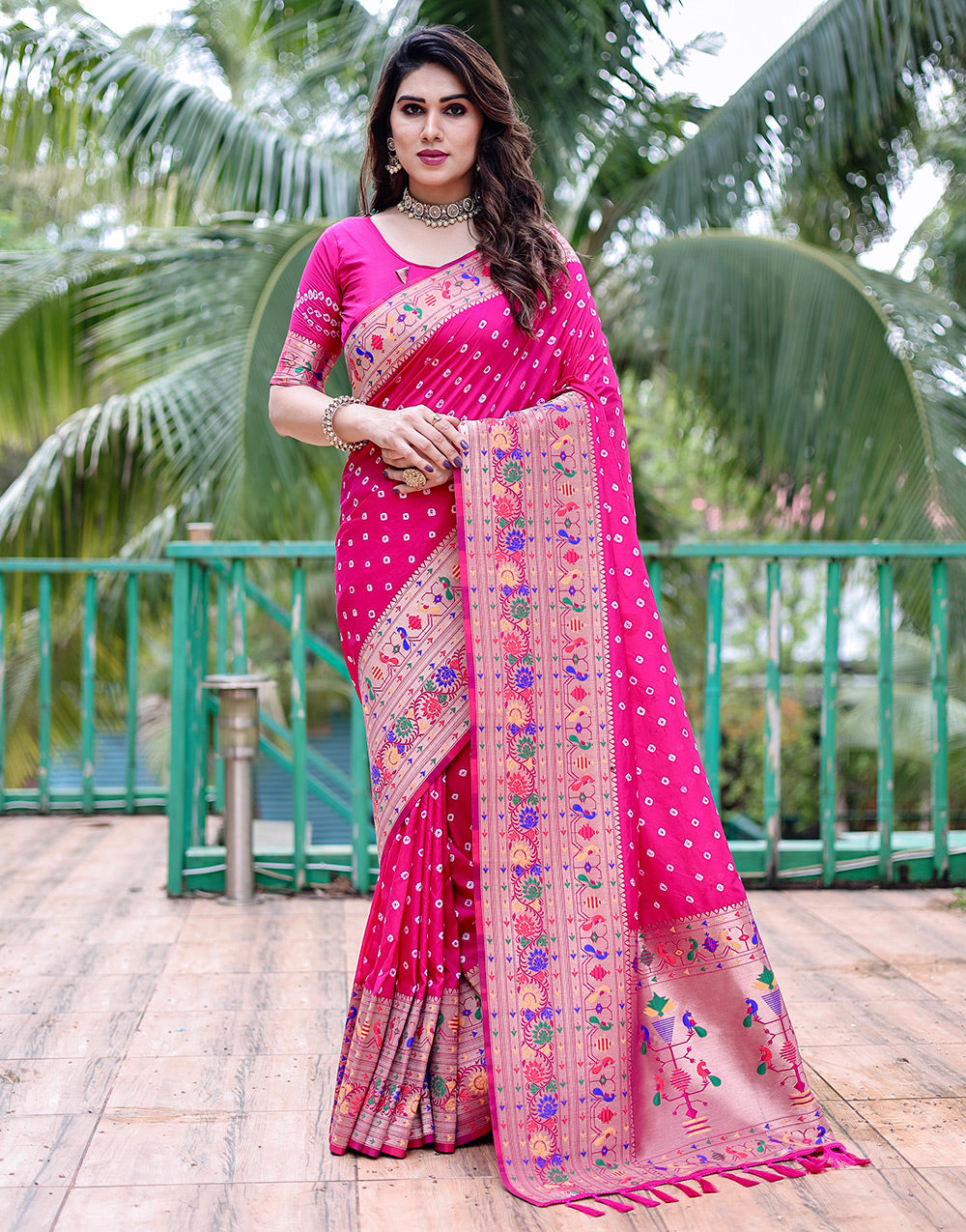 Bright Pink Paithani Silk Bandhani Saree With Zari Weaving Work