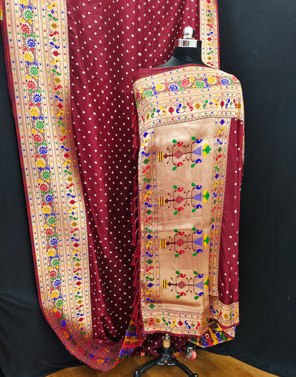 Maroon Paithani Silk Bandhani Saree With Zari Weaving Work