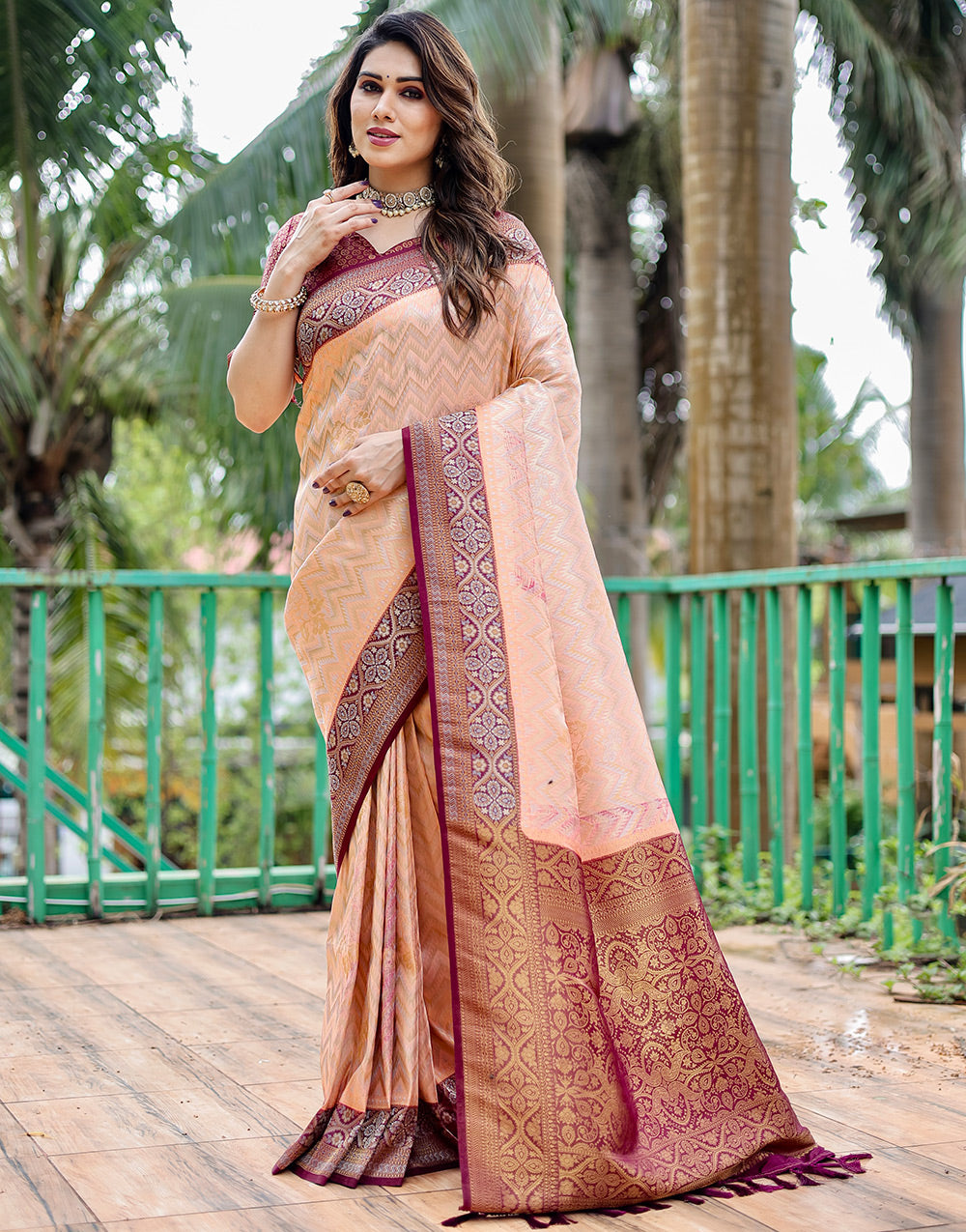 Light Peach & Magenta Kanjivaram Silk Saree With Zari Weaving Work