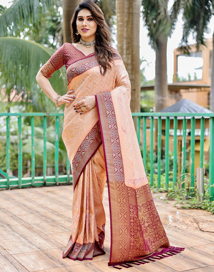 Light Peach & Magenta Kanjivaram Silk Saree With Zari Weaving Work