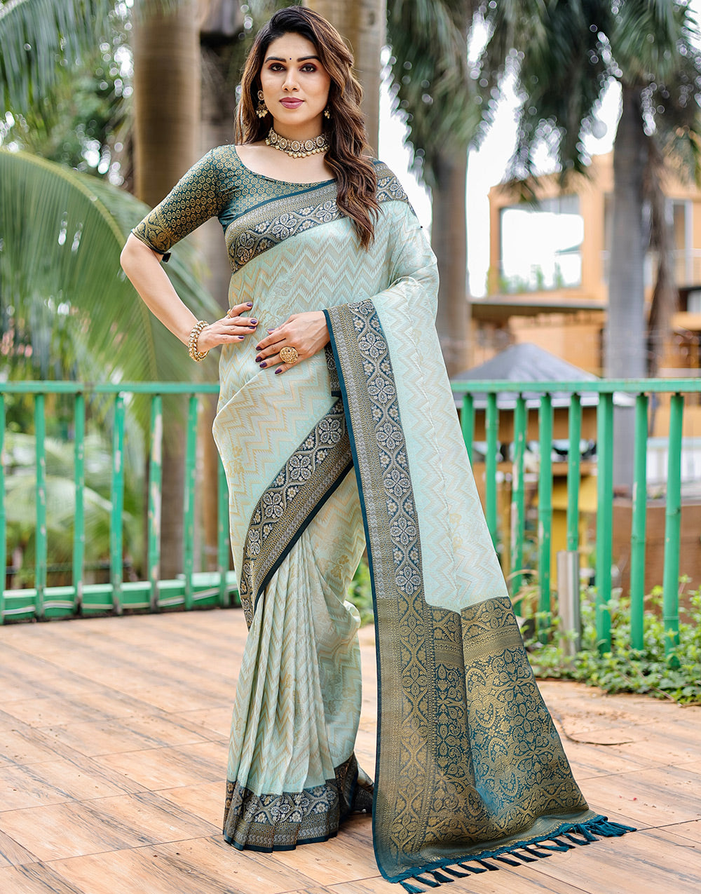 Mint Green Kanjivaram Silk Saree With Zari Weaving Work