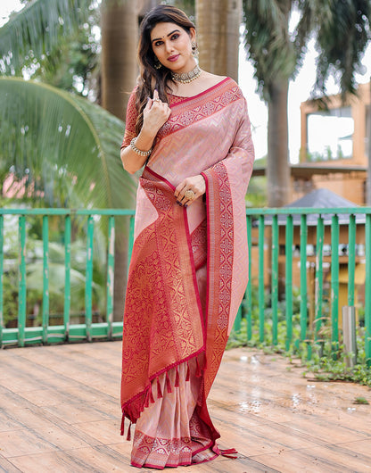 Salmon Peach Kanjivaram Silk Saree With Zari Weaving Work